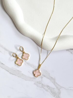 Conjunto trevo candy rosa ouro 18k